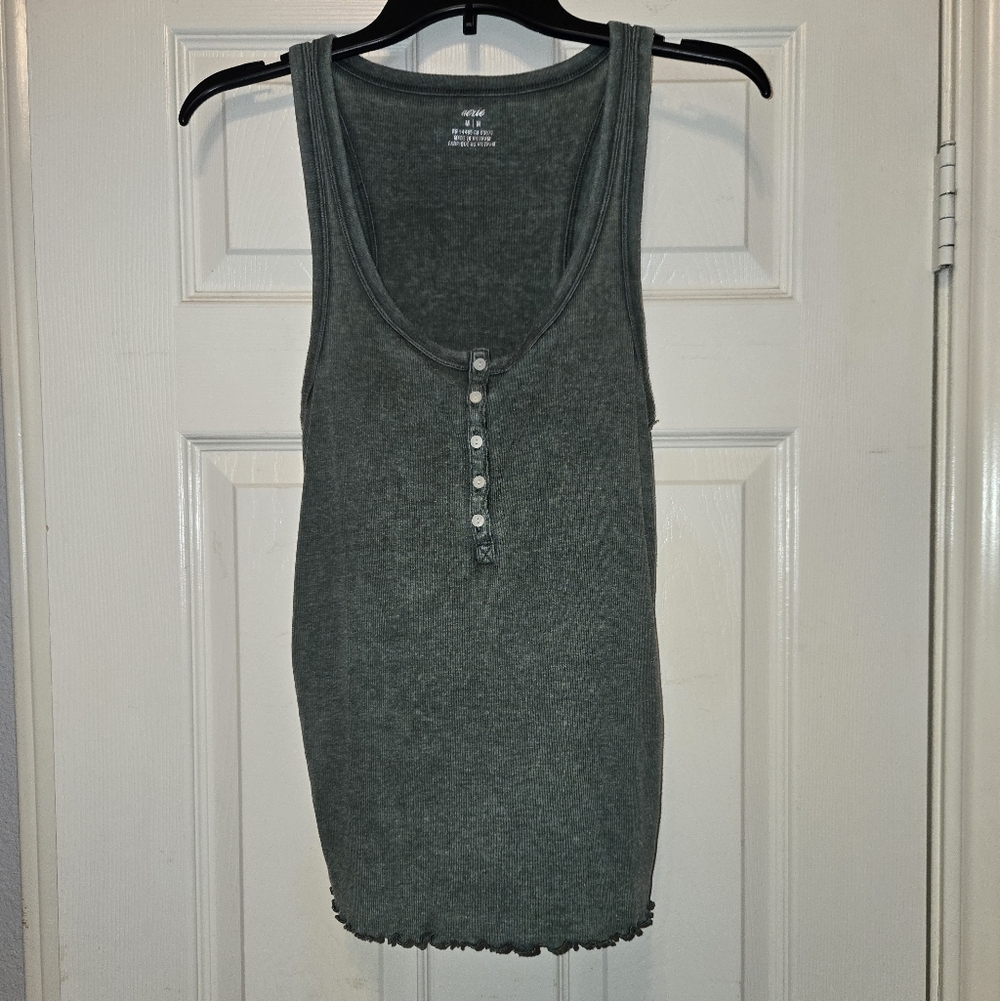 aerie Olive Ribbed Henley Tank Top